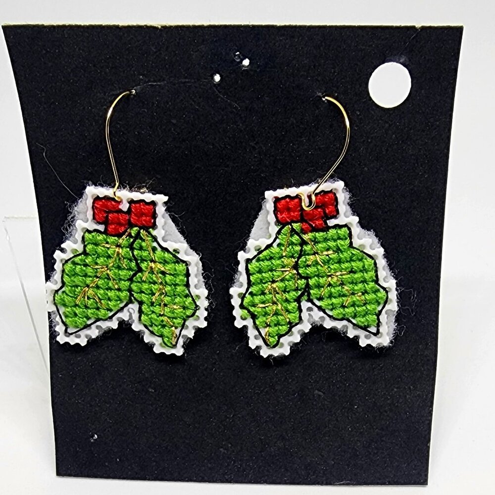 Holiday Christmas Holly Cross Stitch Green Red Handmade Dangle Pierced Earrings